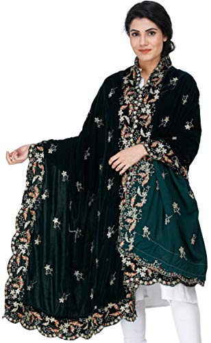 Velvet Dupatta from Amritsar with Embroidered Flowers and Sequins - Velvet