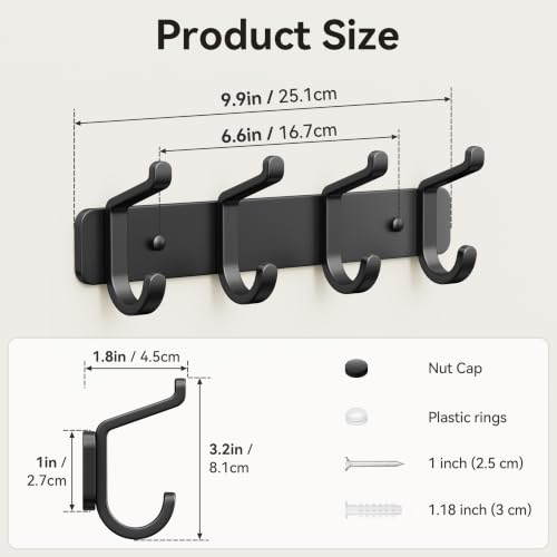 Heavy Duty Coat Rack Wall Mounted, Metal Wall Hook Rack with 4 Double Hooks for Coats, Hats, Jackets, Robes, Towels, Keys, Backpacks and Purses, Entryway, Closet, Mudroom, Bathroom (Black, 2 Pack) - Image 5