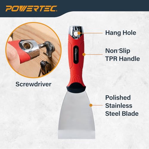 Image of POWERTEC 3-Inch Stainless Steel Drywall Joint Knife - Flexible Blade, Soft Grip, for Patching, Taping, Scraping (72171)