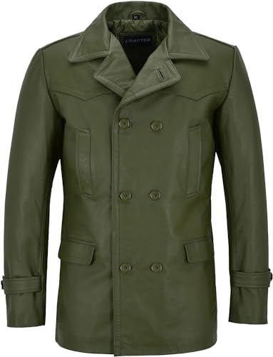 Image of Crafter Men's Kriegsmarine German Ww2 Dr Who Reefer Hide Leather Jacket Coat Four Button Leather Car Coat - Pea Coat for Mens