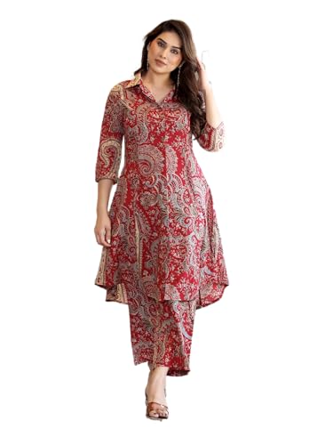 Image of Women's Red Printed A-Line Kurta with Pant Set | Soft Rayon Fabric | Stylish Collar Neck & 3 /4 Sleeves | Kurti Set