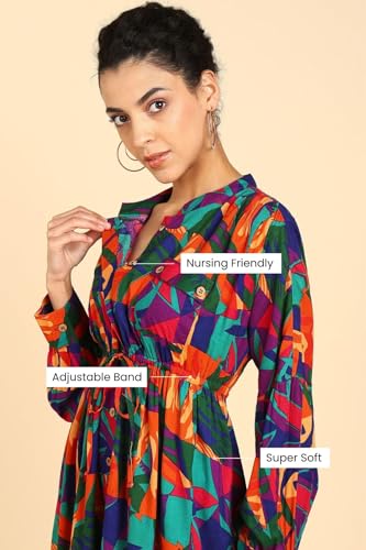 Image of ZELENA Maternity Zipless Feeding Dress for Women | 100% Viscose Rayon Pregnancy & Postpartum Tropical Leaf Printed Dress | Nursing Dress for Breastfeeding for Mothers with Pocket