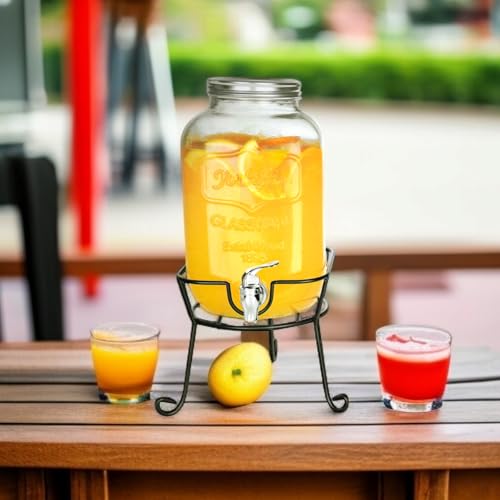 Image of 5 litres Mason Glass Beverage Dispenser with Metal Stand | Airtight Lid, Wide Mouth, Leak-Proof Spigot | Perfect for Detox Water, Infusions, Parties & Events