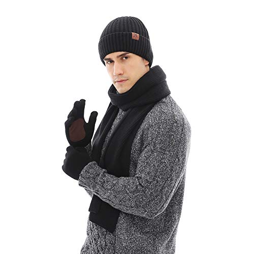 JTJFIT 3PCS In 1 Winter Warm Thick Knit Beanie Hat + Long Scarf + Non-Slip Touchscreen Driving Gloves Gift Set for Men(Black)