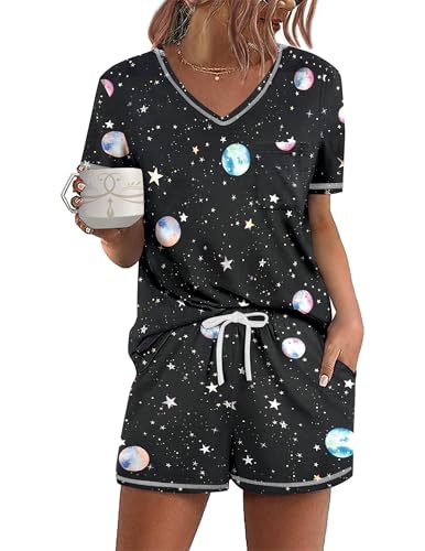 Ekouaer Women’s Pajamas Sets Short Sleeve Lounge Sets Sleepwear Casual Two Piece Pjs With Pockets Moon L