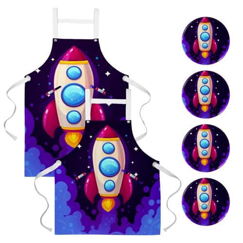 Tablier de cuisine avec 4 broches au motif ludique de fusée multicolore