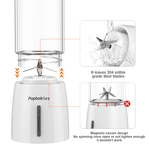 Image of Popbabies Portable blender for smoothie and juices, 450ML Ice Crushing, blender smoothie juice, Pulse Mode Feature, 4000mAh, USB Waterproof Charging Port, Food Grade Jar, 6 Sharp Blade (White)