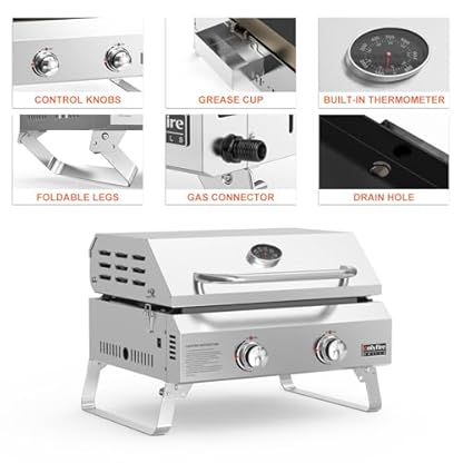 onlyfire Plancha Tischgasgrill 2-Brenner mit Deckel, Klappbaren Beinen, Keramische Lackbeschichtung Grillplatte, Grillfläche 45,8x36CM, Kompakt Tischgrill, Tragbarer Balkon-, Camping-Grill, 4,7 KW – Bild 4