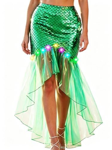 Zoestar Light Up Mermaid Long Skirt LED Beach Fish Scale Skirts Glow Party Club Mermaid Costume for Women (Green)
