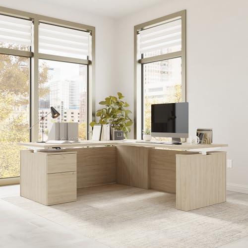 Image of Bush Business Furniture 72-inch Height Adjustable L Shaped Standing Desk with File Cabinet, Ergonomic Sit-Stand Computer Table for Office, Stratus Collection, Natural Elm with White Base