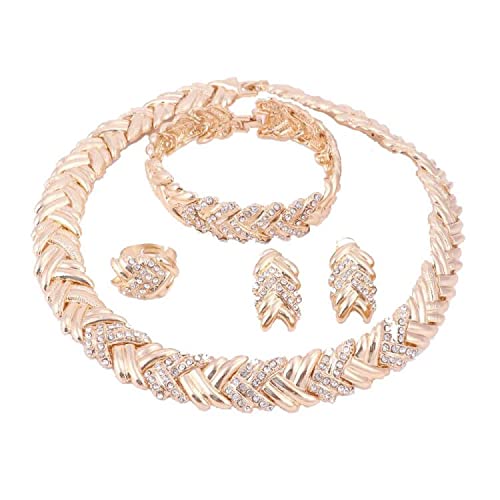 Wang Dubai Gold Plated Crystal Necklace Earrings Bracelet Ring African Beads Jewelry Set #TOP17