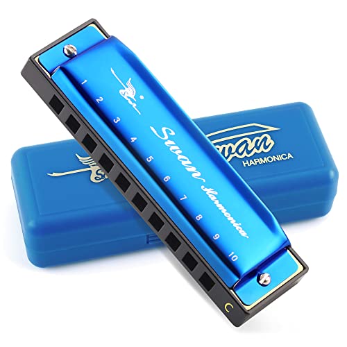 SWAN Blues Harmonica Key of C Mouth Organ Diatonic Harmonica with Case, 10 Hole 20 Tones Stainless Blues Harp for Adults, Beginners and Professional (Sapphire Blue)