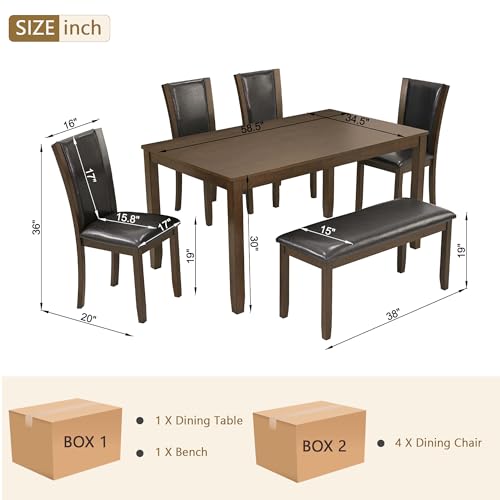 Image of KEIKI 6-Piece Standard Height Dining Table Set with Rectangular Table, 4 Upholstered Chair, Bench, for 6 Person, Farmhouse Rustic Table Set, Easy Assembly, for Kitchen, Dining Room, Dark Walnut