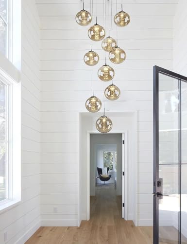 Moderna lámpara de araña larga de 10 luces para escaleras y techos altos, lámpara colgante de bola de cristal, accesorio de montaje empotrado para vestíbulo, entrada, sala de estar, acabado champán