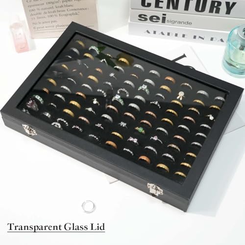 GISK 100 Slots Ring Display Case with Transparent Lid Ring Storage Box Rings Holder Case For Store Display Home Jewelry Display Rings Organizer Earring Holder Display Tray