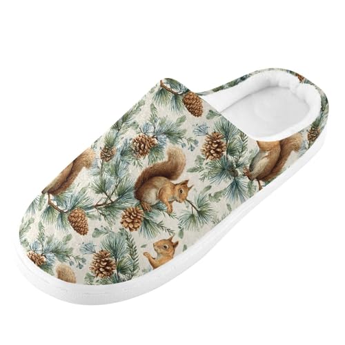 Fuzzy Memory Foam Slippers for Women/Men Squirrel Pine Cone Pattern Fluffy Winter House Shoes Indoor and Outdoor