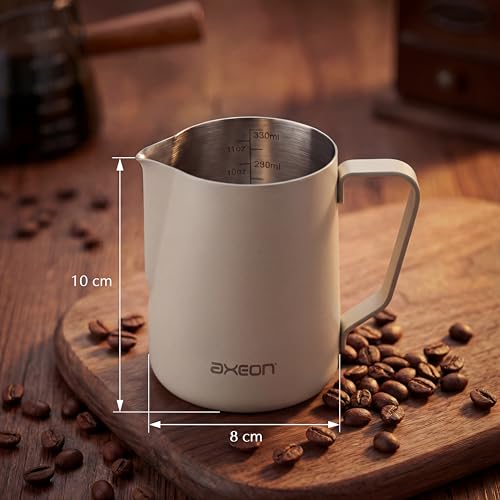 Image of Axeon Stainless Steel Milk Frothing Pitcher | Espresso Milk Frother Jug with Internal Scale & Matte Coating | V-Spout for Latte Art | Barista Steam Jug for Cappuccino & Coffee (White, 350ml /12oz)