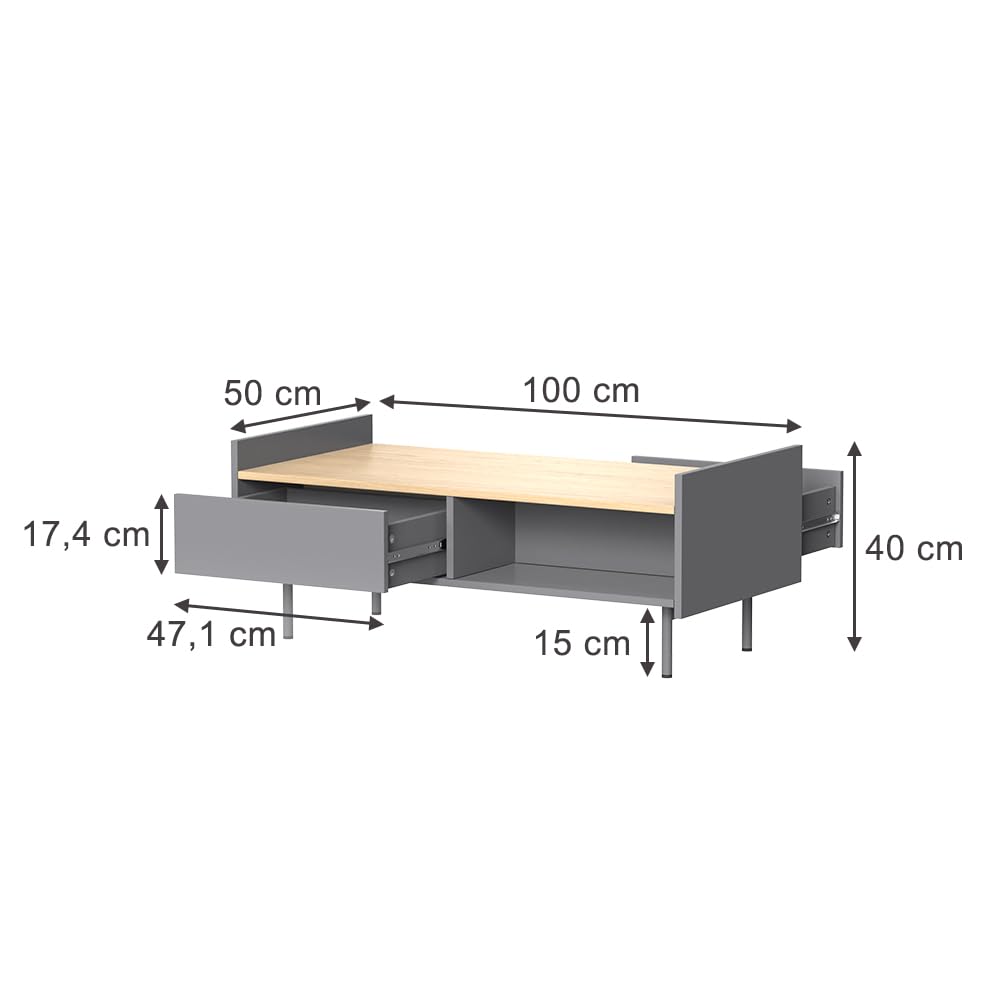 Vicco Table Basse Velina, Gris, 100x50cm