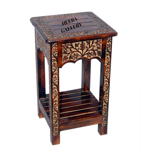 Image of Wooden Stool-Natural Wood Antique Look Side Table with Two Drawer for Living Room (Brown, 14 x 14 x 21 inch) || AS(2D) (Square Stool)