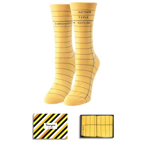 HAPPYPOP Funny Crazy Socks for Women, Math Lover Gifts Jane Book Lover Gifts, Readig Gifts Pencil Socks Library Card Socks, Library Card Yellow, Medium