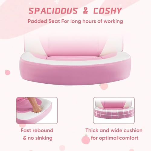 Image of OLIXIS Computer Gaming Desk Chair - Big and Tall Ergonomic Lumbar Support with Flip-up Armrest and 360 Swivel Wheels, PU Leather Height Adjustable, for Home and Office, Pink and White
