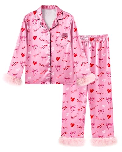 Sylfairy Girls Valentines Pajamas Satin Pajama Set Silk Pjs Long Sleeve Button Down Heart Sleepwear Loungewear Sets for Kids 3-4 Years Pink Bow and Heart