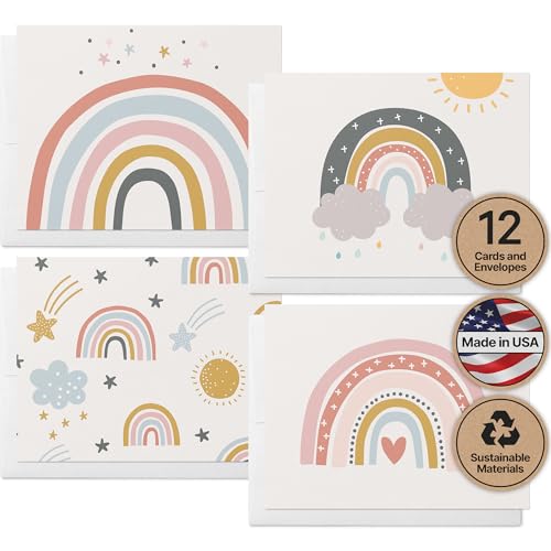 Image of Twigs Paper - 12 Vibrant Rainbow Blank Greeting Cards with Envelopes - 4 Different Design Cute Stationery Set for All Occasions - Assorted Rainbow Bulk Set - Made in USA (5.5 x 4.25, Set of 12)