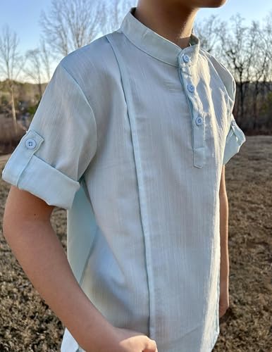 Image of Arshiner Boy's 2 Pieces Linen Sets Short Sleeve Henley Shirt and Shorts Summer Beach Matching Outfits 4-12 Years