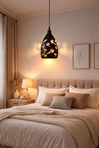 Image of Modern Black Hanging Pendant Light with Geometric Cut Design, Warm Glow Decorative Ceiling Lamp for Living Room, Bedroom, Dining Area, Cafe & Home Decor