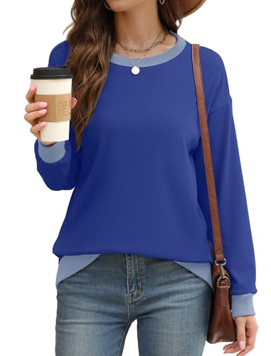 Image of Saloogoe Sweatshirts for Women Crewneck Long Sleeve Loose Fit Tops Color Block Ribbed Trim Fashion 2025