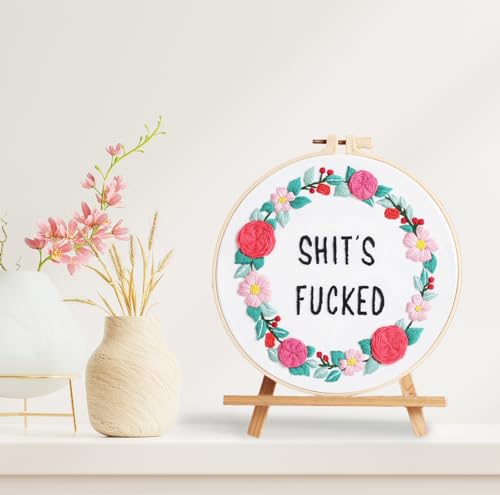 Image of Louise Maelys Funny Embroidery Kit for Beginners,Cross Stitch Kits for Adults,Flower Wreath Needlepoint for Starters Including Instruction and Threads