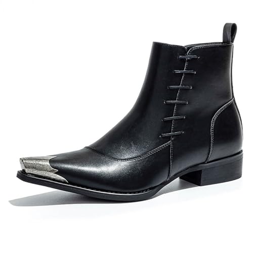 Men's Western Pointed Toe Ankle Boots with Metal Toe Cap Side Zipper Dress Boots