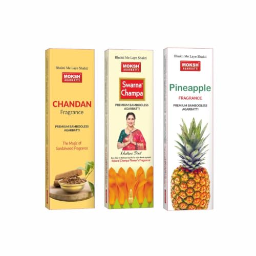 Image of MOKSH Bamboo-Less Agarbatti Combo - Chandan, Champa & Pineapple Fragrances, 90 g Each, 270 g Total, Pack of 3 | Incense Sticks for Puja, Prayer, Meditation & Home