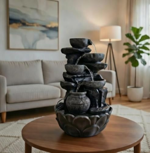 Image of ALILA Grey Stone Look Water Fountain for Home Decor | Indoor Tabletop Waterfall Fountain for Living Room, Bedroom, Office & Meditation | Decorative Rock Water Feature with Water Pump