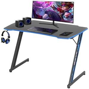MGHH 47 Inch Gaming Desk Computer Desk Home Office Desk Z Shaped Ergonomic Simple PC Workstaion Gaming Table with Carbon Fibre Surface Headphone Hook Adjustable Leveling Foot for Gamer Player,Blue