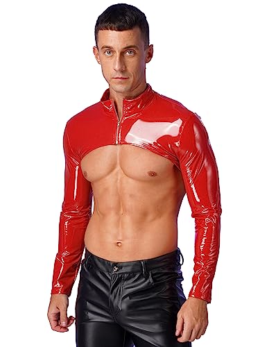 Hedmy Mens PVC Leather Wet Look Long Sleeves Tank Top Shirt Half Shrug Muscle Top Harness Clubwear4