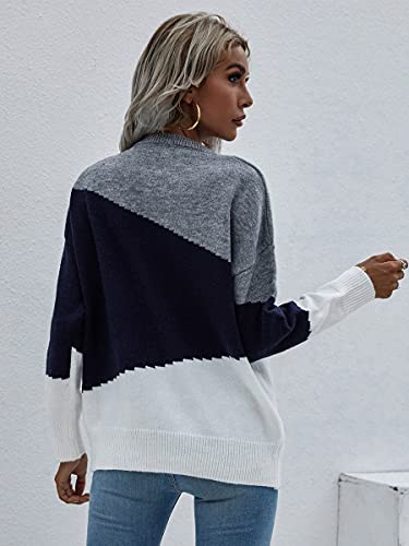 Image of ECOWISH Women Sweater Long Sleeve Color Block Knit Pullover Sweaters Crew Neck Patchwork Casual Loose Jumper Tops