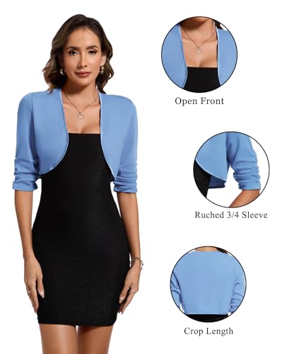 Image of MINTLIMIT Bolero Cardigans for Women Ruched 3 /4 Sleeve Open Front Cropped Cardigan Boleros Shrug Jackets for Evening Dresses