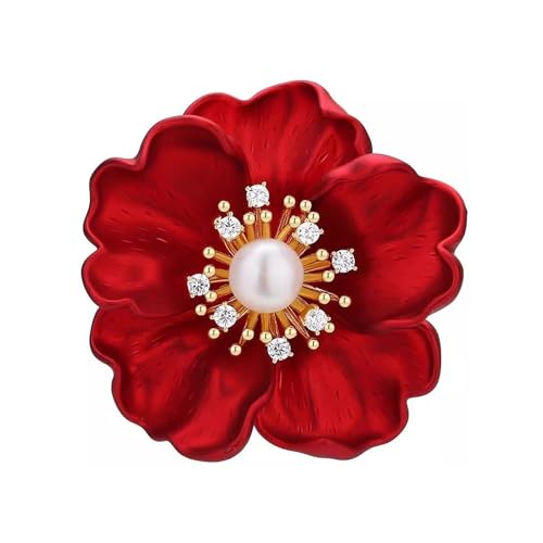 Red Flower Brooches for Women Vintage Rhinestone Rose Floral Brooch Pin
