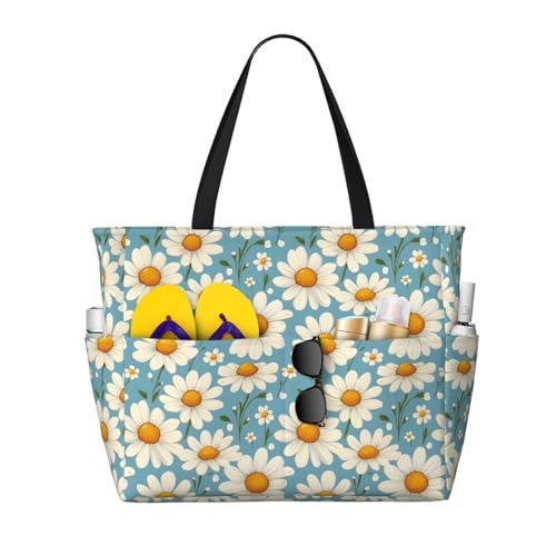 Large Beach Bags for Women Sandproof - Daisy Sky Blue Print Summer Travel Work Tote Bags with Zipper