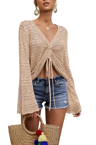 Spicy Sandia Women's Crochet Tops Tie Front Summer Sweater Bell Sleeve Boho Tops Beach Vacation Outfit Swimsuit Cover Up2