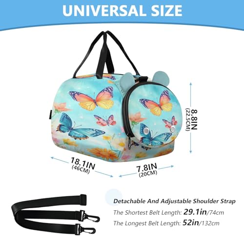 Butterfly Floral Blue Kids Travel Duffel Bag for Boys Girls Overnight Weekend Tote Bag with Shoes Compartment for Trip Beach Gym3