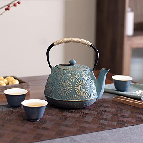 Cast Iron Teapot, 40oz Tea Kettle with Infuser for Stove Top, Sakura Design Japanese Tea Pot for Loose Leaf Coated with Enameled Interior, 1200ml Green
