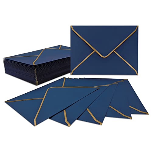 Pack of 50 Invitation Envelopes A7, Blue Luxury Envelopes 18.5 x 13.5 cm Miniature Envelopes 5 x 7 Inch Envelopes with V-Flap Envelopes Gold Foil Edge for Weddings, Invitations, Party, Greeting Cards