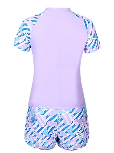 TiaoBug Kids Girls 2 Pieces Athletic Swimsuit Floral Short Sleeve Swim Top with Boyshorts Tankini2