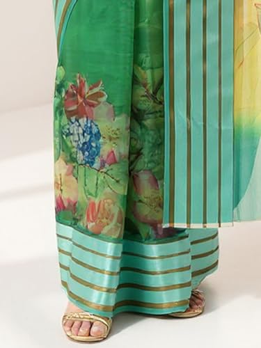 Image of AKHILAM Women's Green Organza Floral Printed Saree With Unstitched Blouse Piece(SAGE1004 AI)