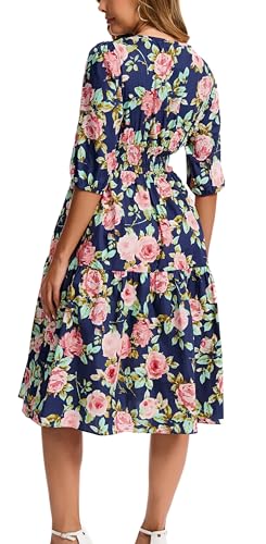 Image of Kormei Women Casual Boho Floral Round Neck 3 /4 Sleeve Smocked Waist Tiered A Line Flowy Swing Midi Dress Long Dresses