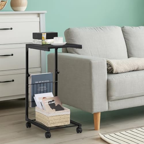 Image of BTY C Shaped Side Table Adjustable End Table with Wheels C Table for Small Spaces Couch Table with Storage for Sofa Living Room Bedroom (Black)