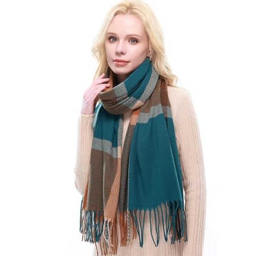RIIQIICHY Plaid Scarf for Women Fall Winter Pashmina Scarves Wraps for Cold Weather Warm Large Bronze/Turquoise