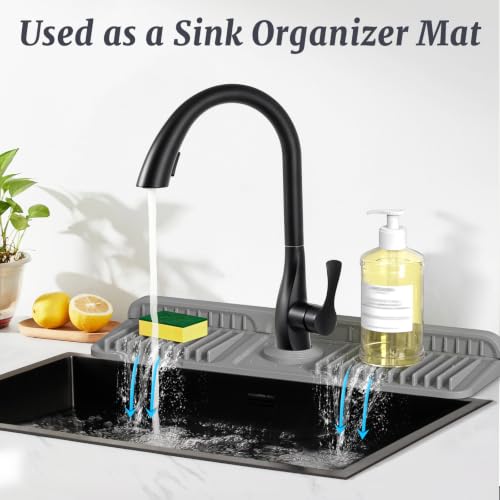 Image of PoYang 17.7 inch Faucet Mat for Kitchen Sink Splash Guard, 7 Slope Silicone Sink Water Splash Guard for Kitchen Sink Area with Snap Button, Long Sink Protectors for kitchen Sink Sponge Holder, Grey